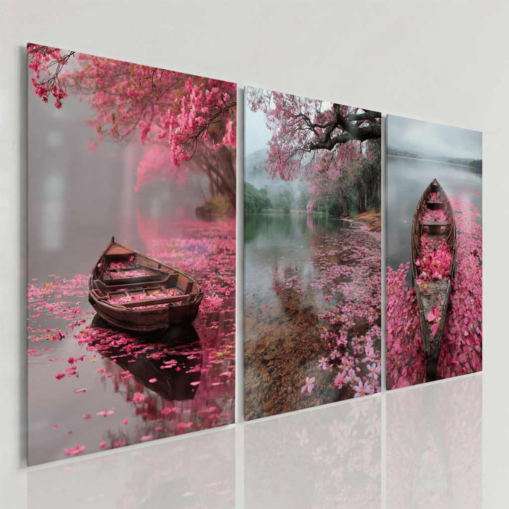 Quadros Decorativos Paisagem com Barco Flores Rosa Kit 3 Peças Natureza Lago Tranquilo