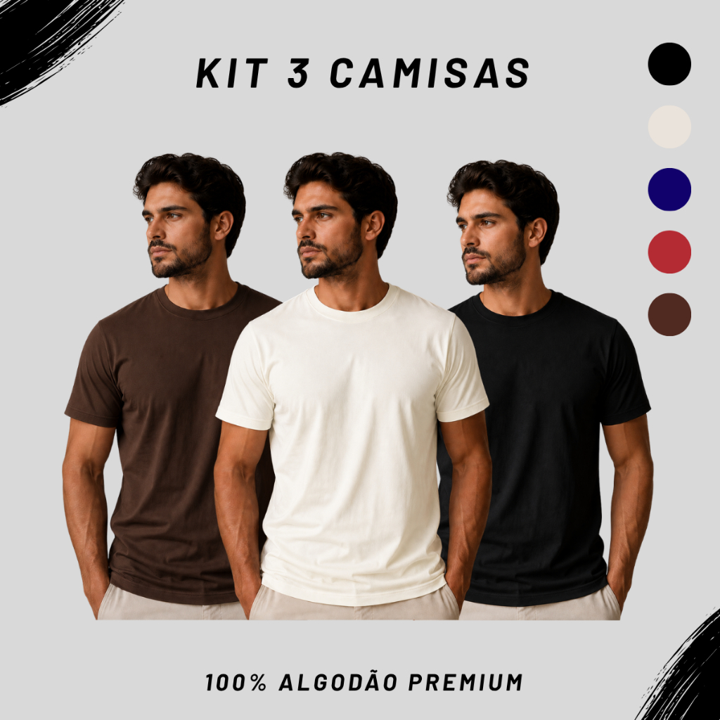 Kit 3 Camisas Premium Slim Lisa Confortável Respirável Leve Gola Redonda 100% Algodão Básica  Dia a Dia Preta  M G GG