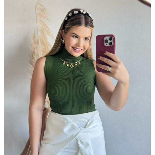 Blusa Garrafinha Tricot Gola alta Feminina Moda Regata Canelada Confortável Básica Sem Manga
