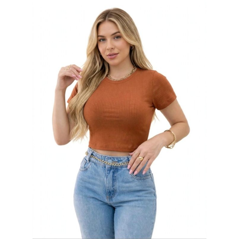 Cropped Feminino Gola Redonda Maga Curta Básica Canelado Tendência