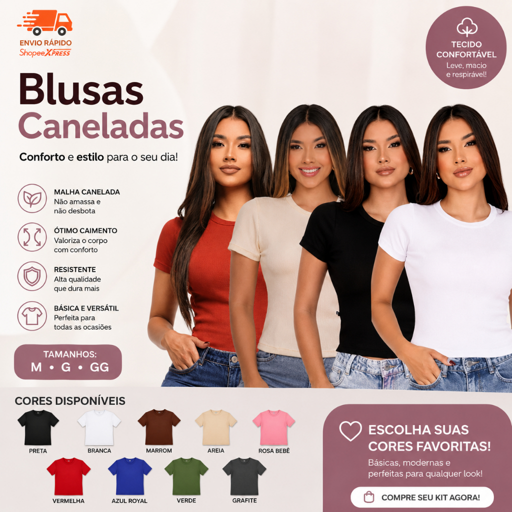 Blusinha Feminina Canelada T-shirt Gola Redonda  Confortavel Básica Barata com Elastano Laicra