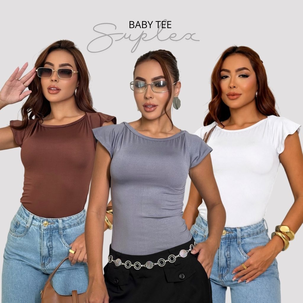 Blusa Baby Tee Básica Manga Curta Slim Babylook Suplex Ajustada Unidade Gola ganoa
