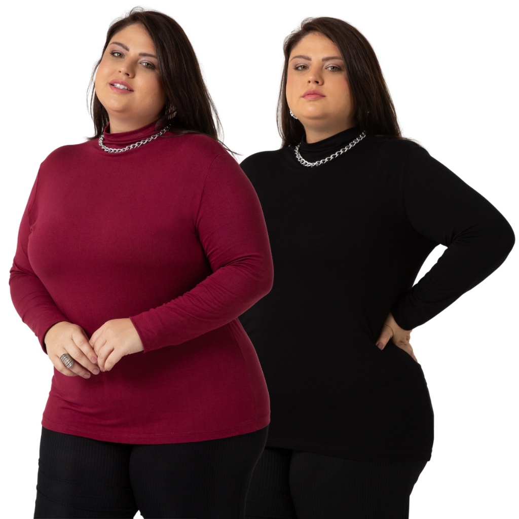 Kit 2 Blusas Básica Cacharrel Feminina Com Gola Alta Em Viscolycra Plus Size 1130-KIT2