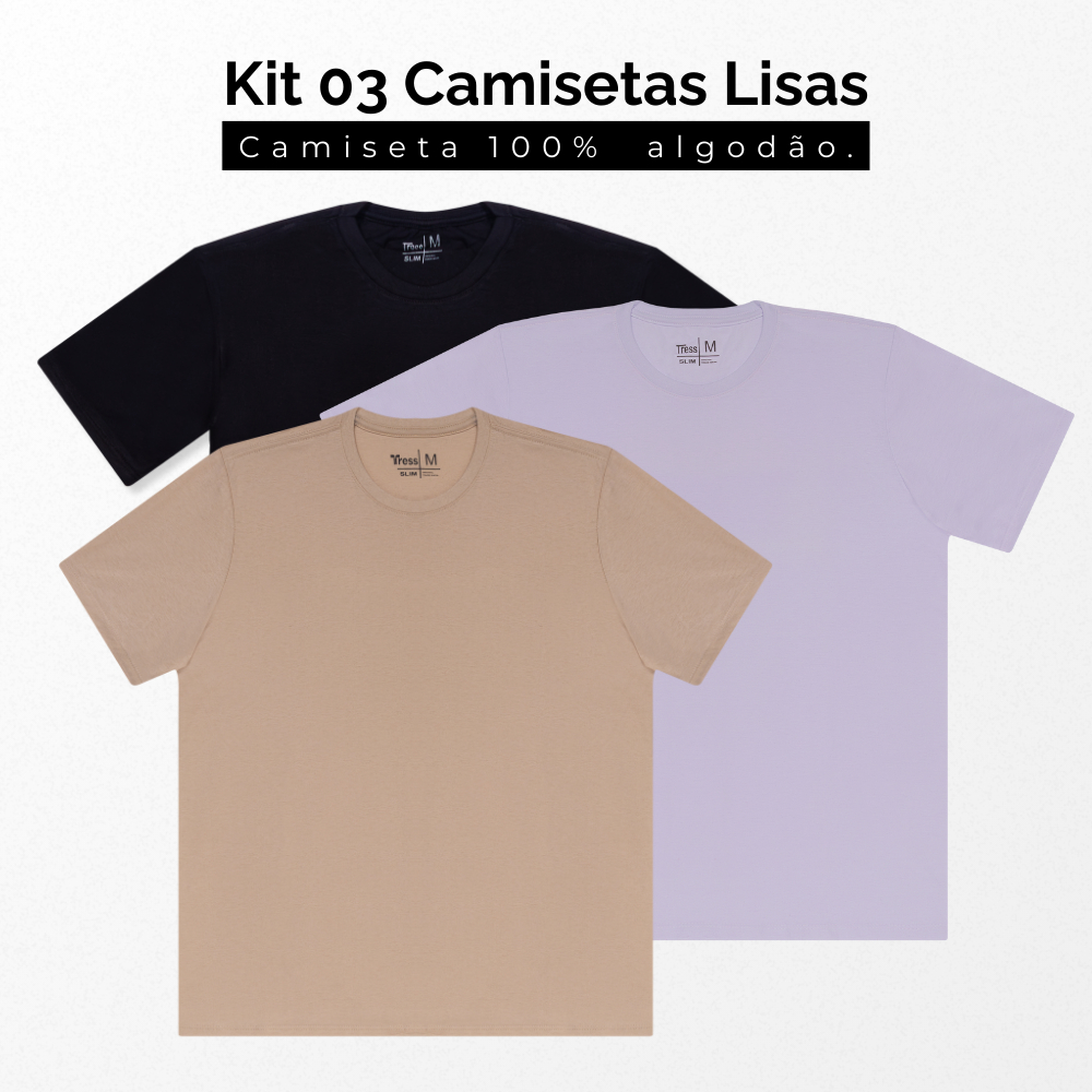 Kit 3 Camisetas Masculinas Básicas Algodão Manga Curta Gola Redonda Cores Neutras Premium