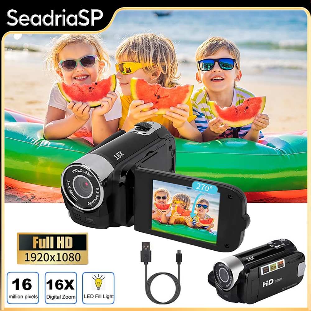 Câmera de Vídeo Digital 16MP HD 1080p - Filmador com Zoom, Selfie e Tela LCD 2.7”, Preto