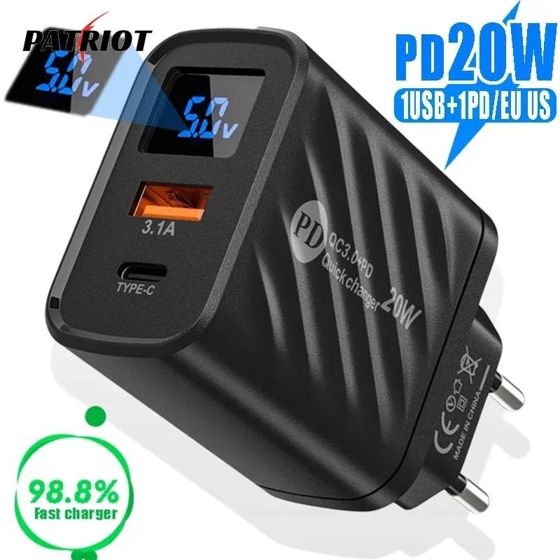 Adaptador De Energia PD + QC3.0 De 20W-Universal , Multiportas , Preto , Branco-Carregador De Parede De 2 Portas Com Cabo-Bloco De Carregamento De Tela Digital-Conjunto USB-A Tipo C