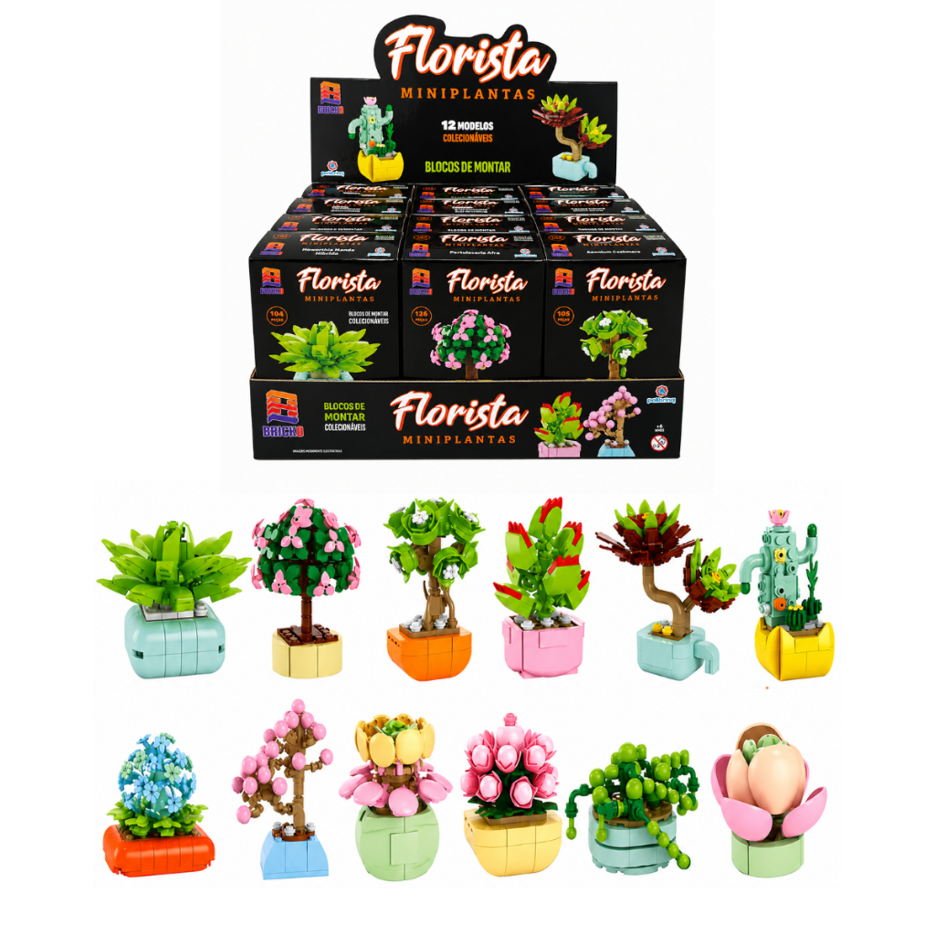 Blocos de Montar Bricko Florista Mini Plantas Cactos e Suculentas CAIXA COMPLETA 12 MODELOS