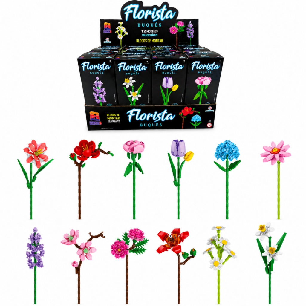 Blocos de Montar Bricko Florista Mini Flores Buquê CAIXA COMPLETA 12 MODELOS
