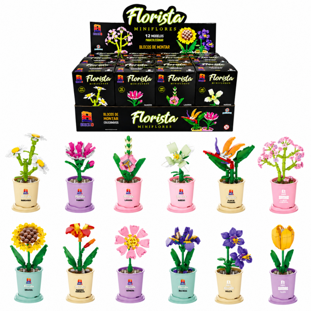 Blocos de Montar Bricko Florista Mini Vasos de Flores CAIXA COMPLETA 12 MODELOS