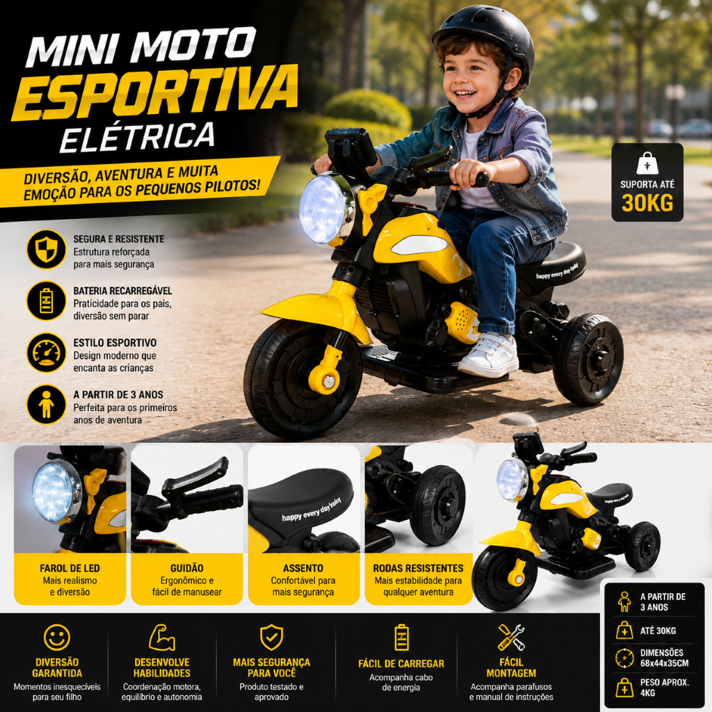 Mini Moto Esportiva Elétrica Inclui buzina Com Carregador Amarelo Vermelho Piloto Divertido