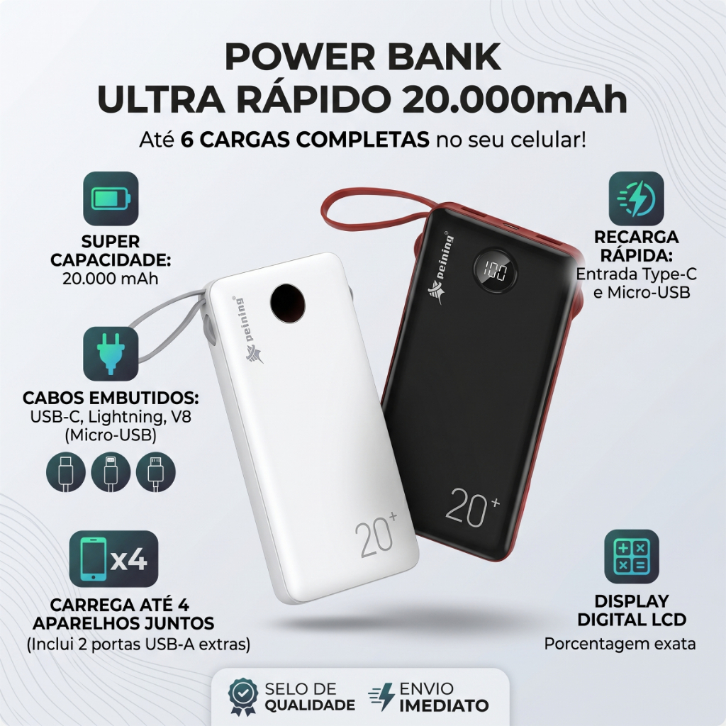 Carregador Power Bank Turbo 20.000mah Portátil Carregamento Rápido Display Digital