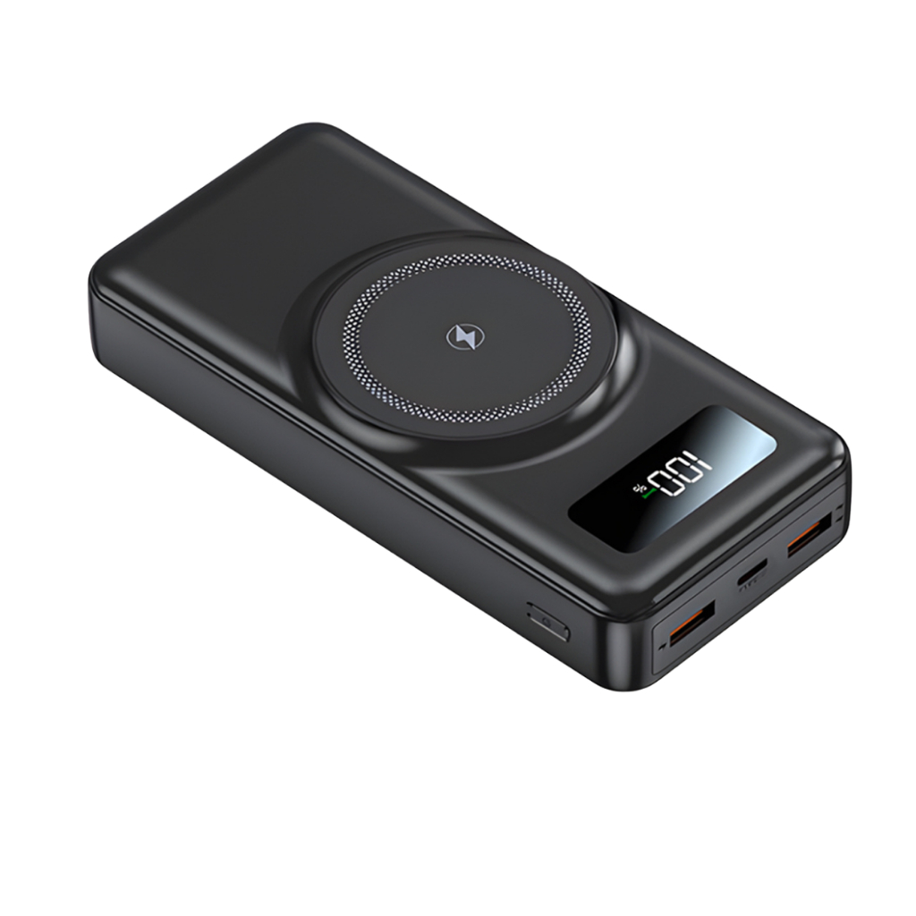 Power Bank 20.000mAh com 4 Cabos Integrados, Display Digital e Carregamento Sem Fio Preto