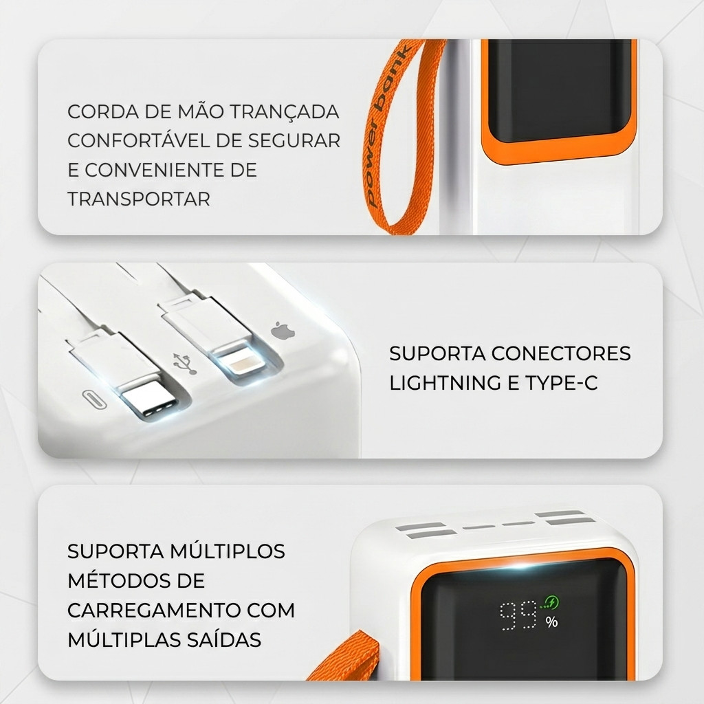 Power Bank 30.000mAh com Display Digital, 6 Saídas, Cabos Embutidos e Super Carregamento 22.5W Preto