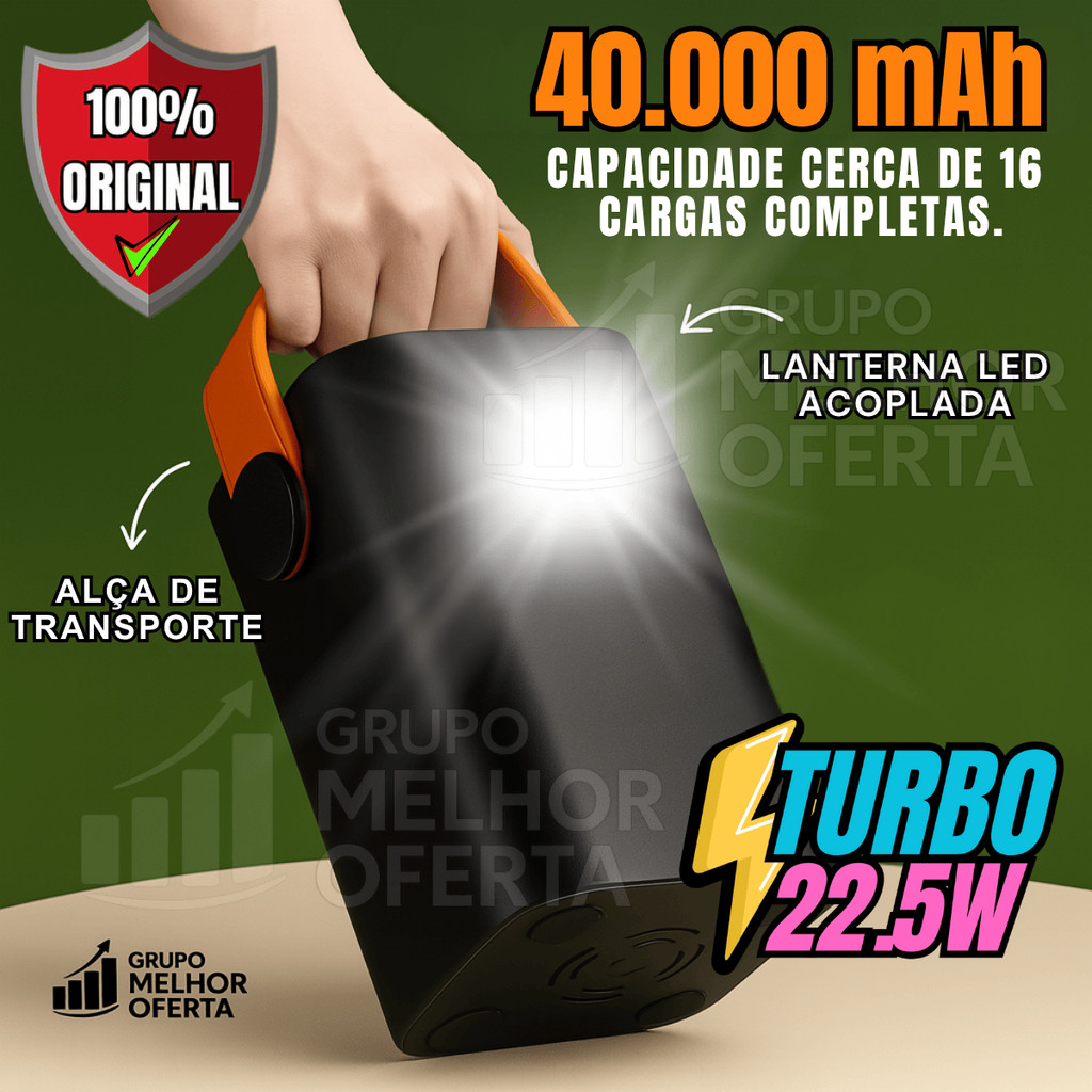 Power Bank 40.000 mAh Turbo Carregador Portátil 22.5W Display LED 4 Saídas Alça Couro Lanterna