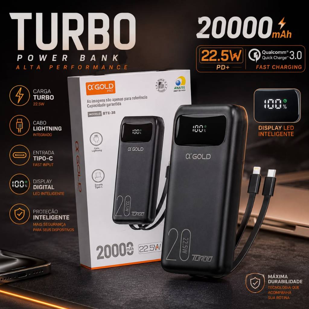 Power Bank 20.000mAh 22.5W Carregador Portátil Turbo Display LED Cabo Lightning Tipo C Alta Capacidade