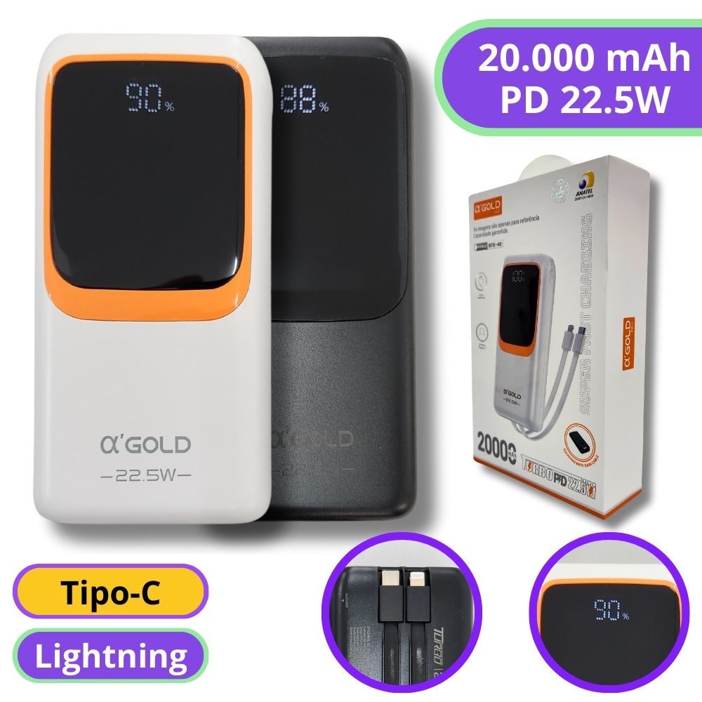 Carregador Portátil Power Bank Turbo PD 22.5W Display 20.000mAh - Agold BTE-40