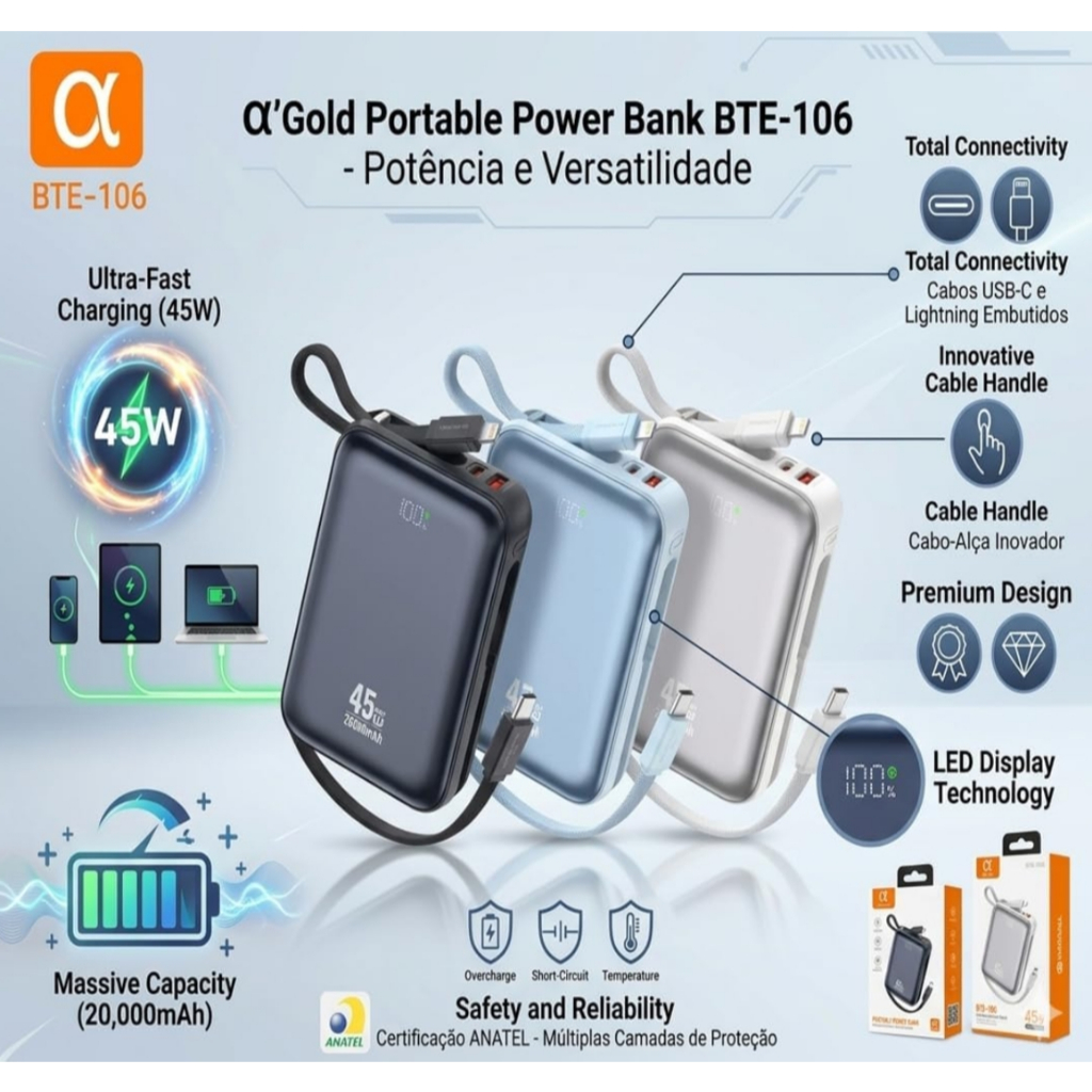 Power Bank A'Gold BTE-106 20.000mAh 45W Turbo - Carregador Portátil com Cabos Embutidos Tipo-C e Lightning, Display LED