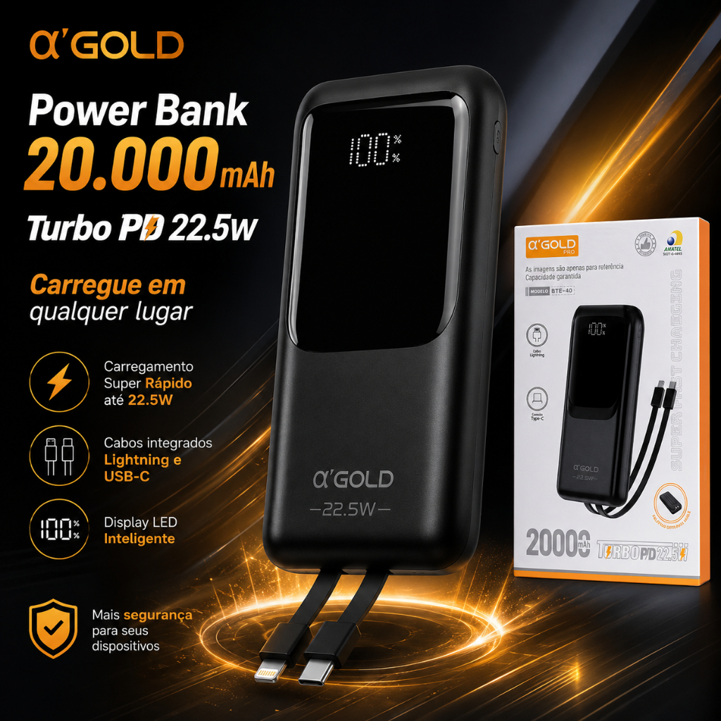 Carregador Portátil Power Bank 20.000mah Turbo Celular Carga Rápida 22.5w Premium Display Visor Grande Universal Usb-c