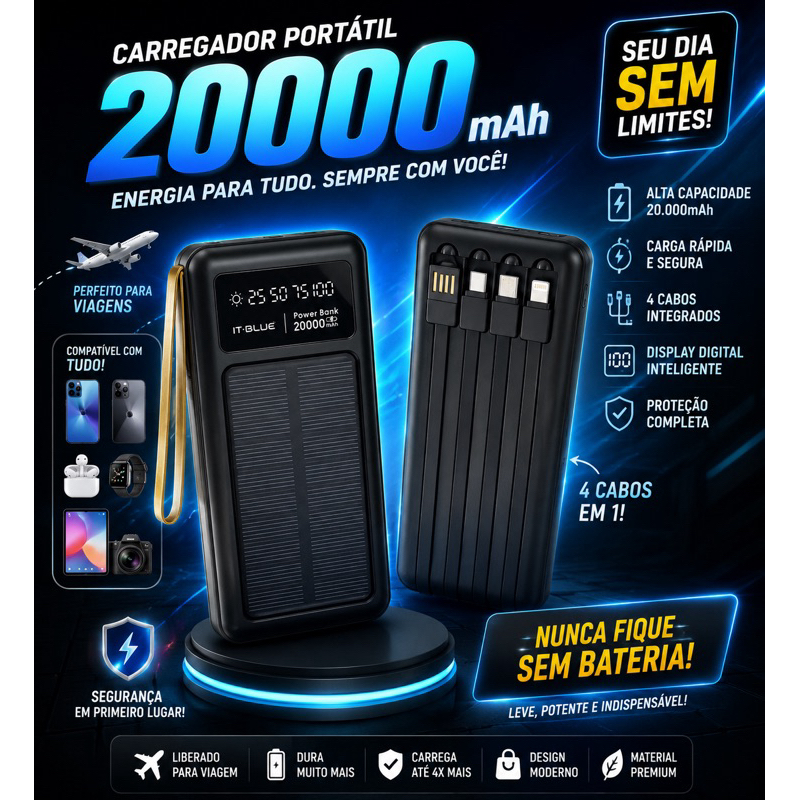 Carregador Portátil Power Bank Solar 20.000mah com Cabos Integrados + Display Digital