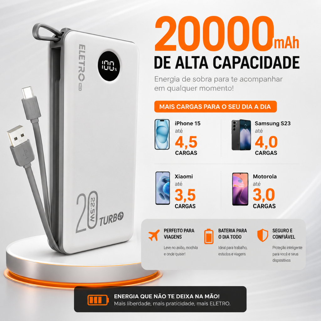 Carregador Portátil Powerbank 20.000mah Com Display com Cabos Integrados USB-C/iOS 22.5w turbo, Universal