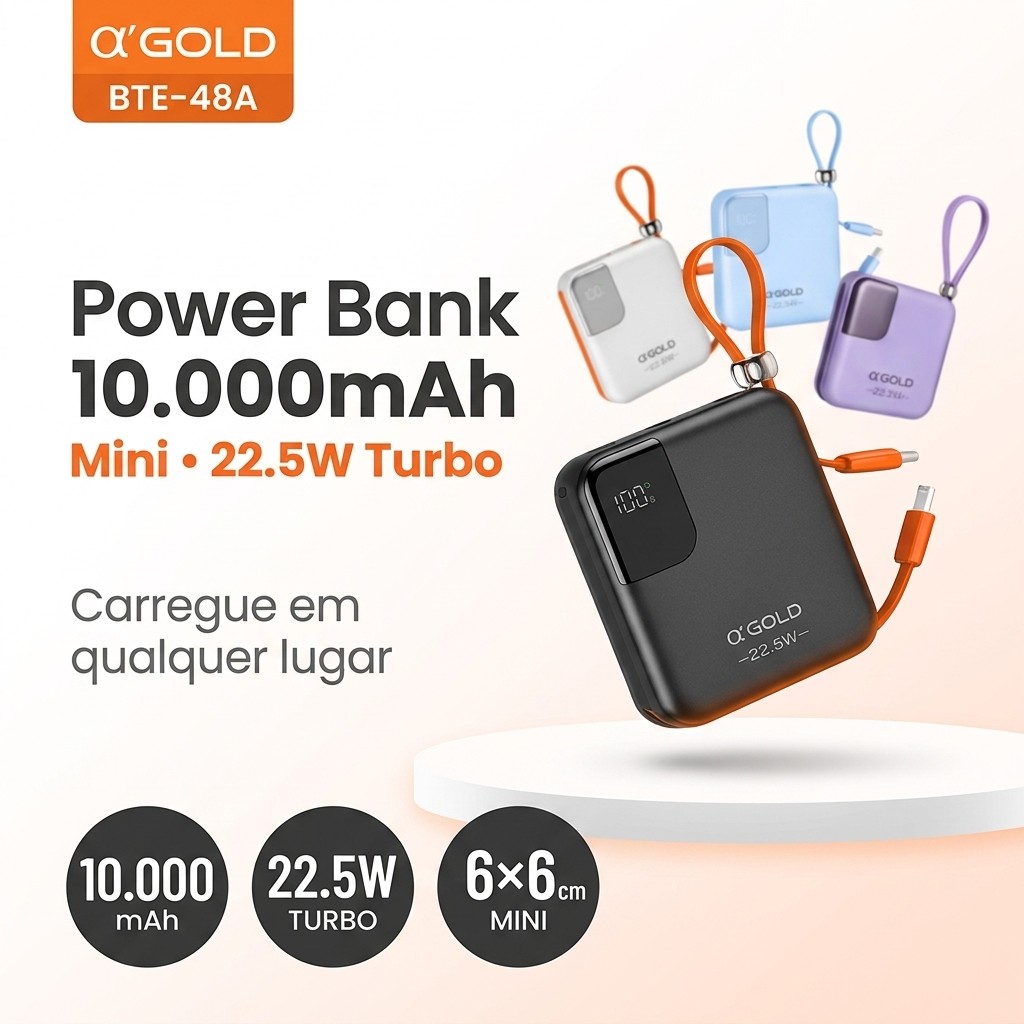 Carregador Portátil A’Gold BTE-48A Power Bank 10.000mah Universal Display Cor Laranja Preto