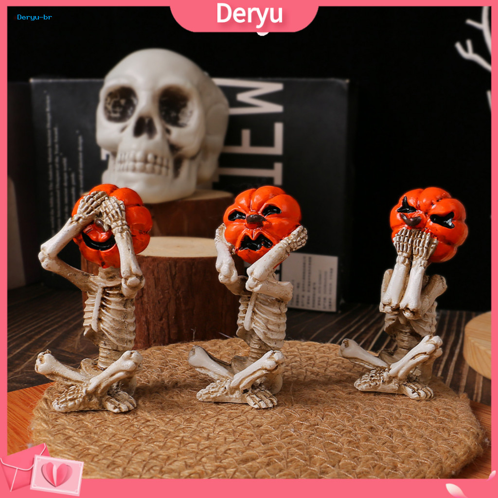 Three No Meditation Skull Halloween Figurine 3 Pcs Skeleton Statue Set Hear See Speak Evil Pumpkin Head Figurines Resin