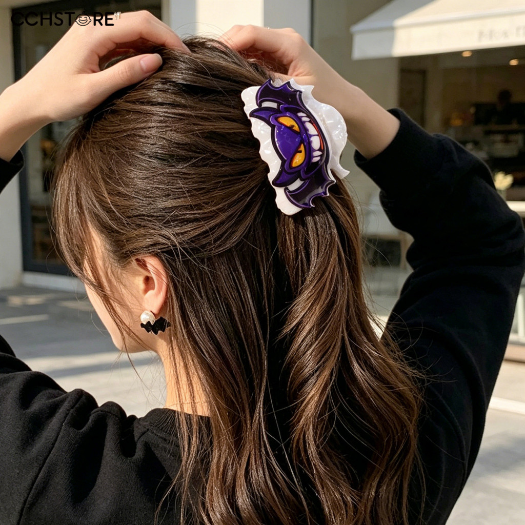 Skull Pumpkin Hair Clip Back Head Claw for Women Reinforced Shark with Elastic Base Halloween Bat Pattern Accessory for