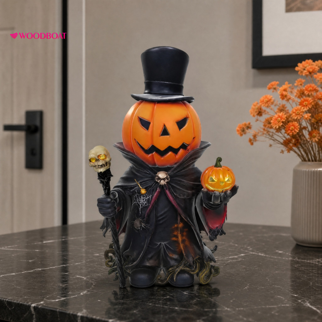 Halloween Cloak Statue Skull Scepter Ornament Pumpkin with – Resin Head Figurine Gentleman Holding Small for Festive