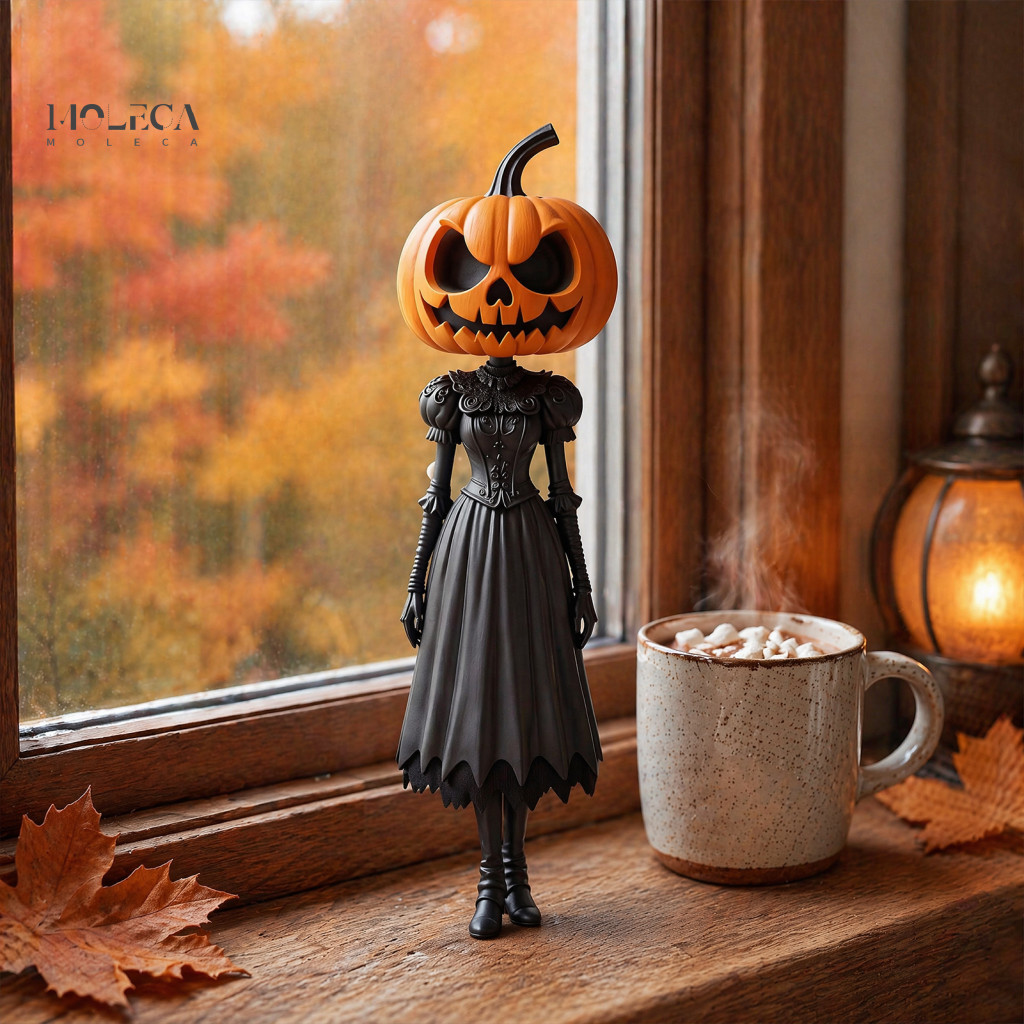 Seasonal Desk Figurines Halloween Pumpkin Ornaments Lady Resin Figurine Hand-painted Witch Girl Statue with Head Spooky