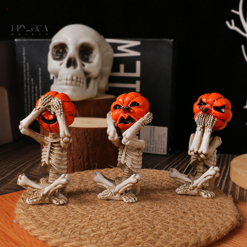 Halloween Skull Figurine Trendy Desk Accessory 3 Pcs Skeleton Statue Set Hear See Speak No Evil Pumpkin Head Figurines R