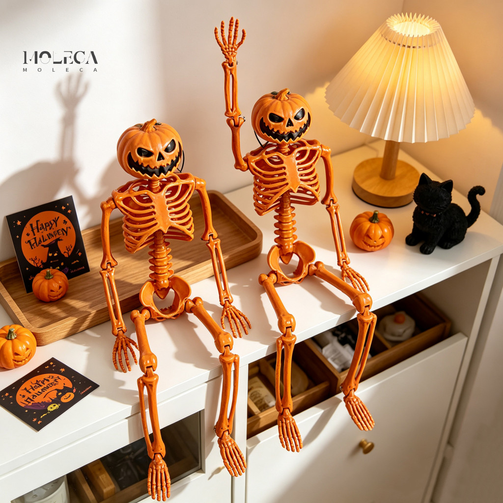 Halloween Theme Props Skeleton Decoration 40cm Pumpkin Head Figurine with Movable Joints and Hanging Lanyard – Spooky