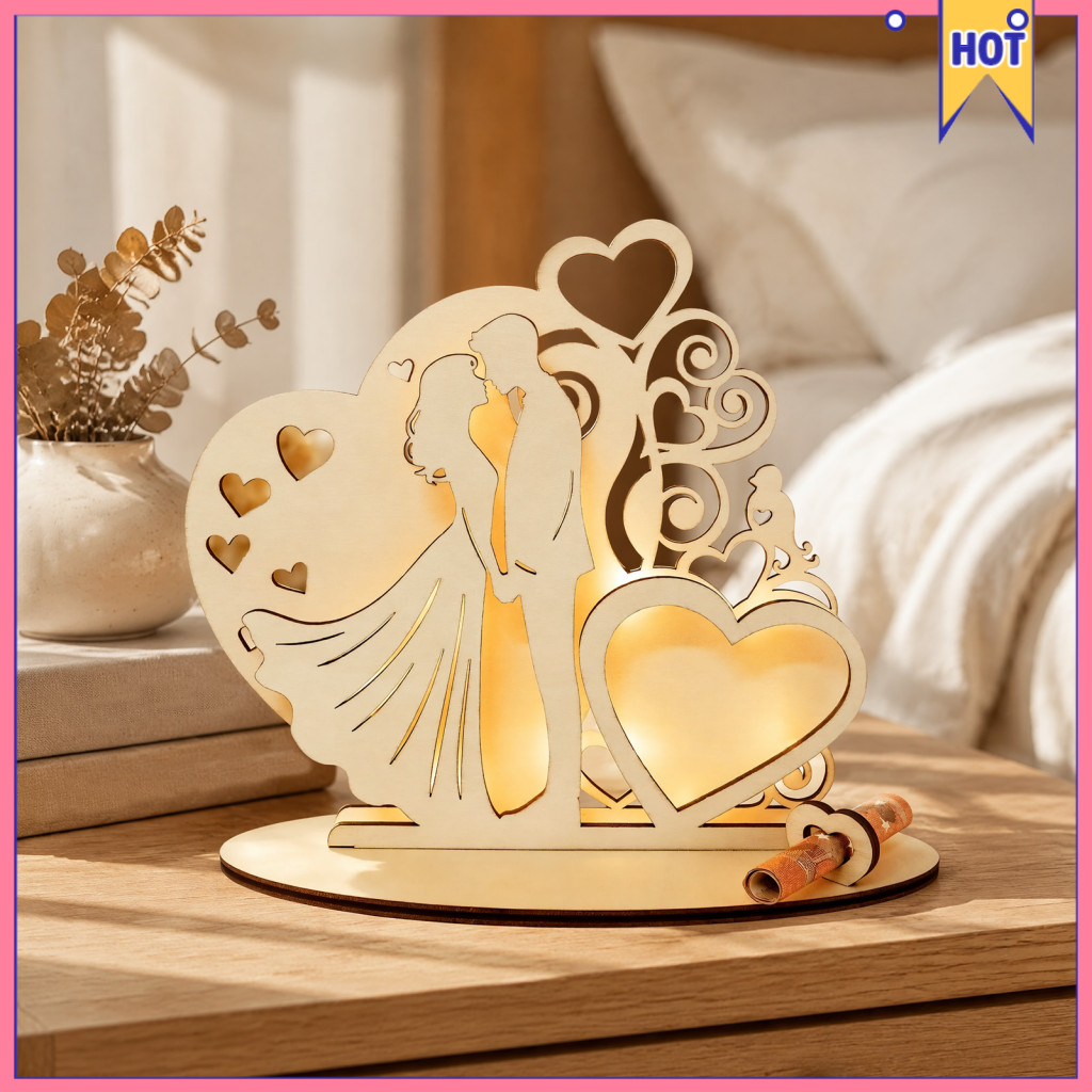 Wooden Couple Statue with Led Heart Light – Warm Glow Night Lamp for Wedding Bedroom Home Decor Perfect Gift for Coupl