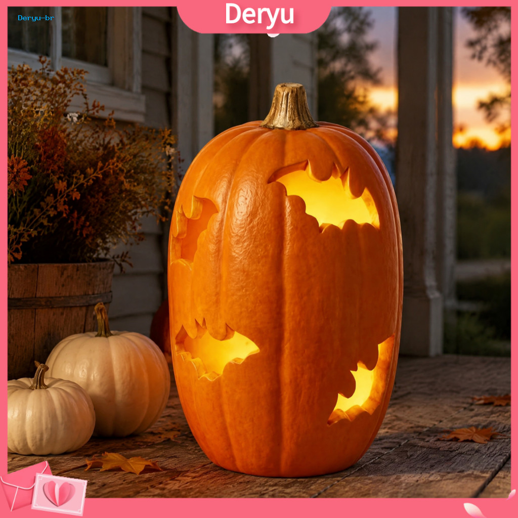 Halloween Pumpkin Decor Night Resin Figurine with Warm Light Bat Hollow Lantern Spooky Indoor Outdoor Home Table Firepla