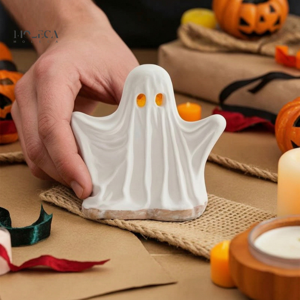 Halloween Home Decor Room Accents Cute Ghost Ornament with Warm Led Light Spooky Resin Figurine Night for Tabletop and W