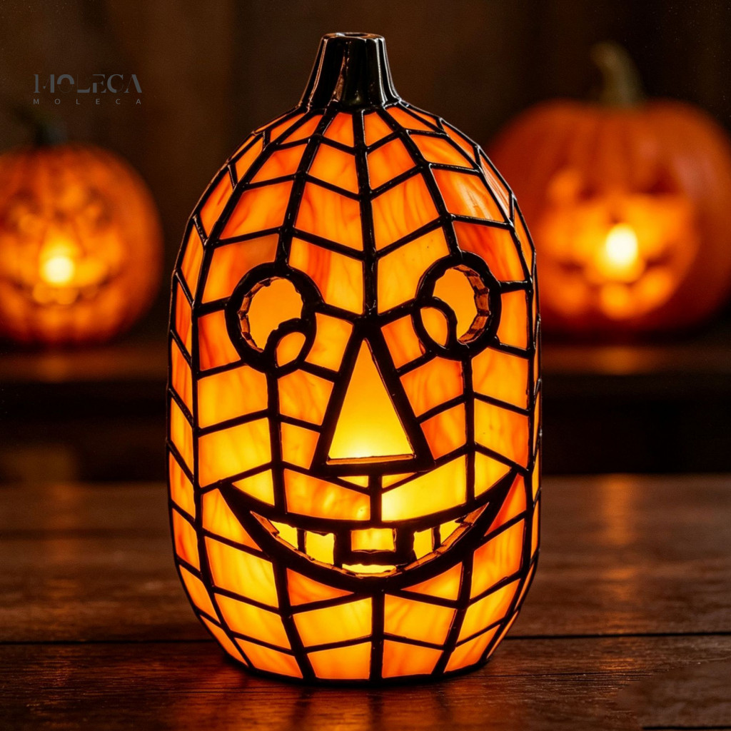 Orange Resin Table Ornament Stained Glass Decorative Light Halloween Pumpkin Lamp Warm Glow Night Usb for Desk for South