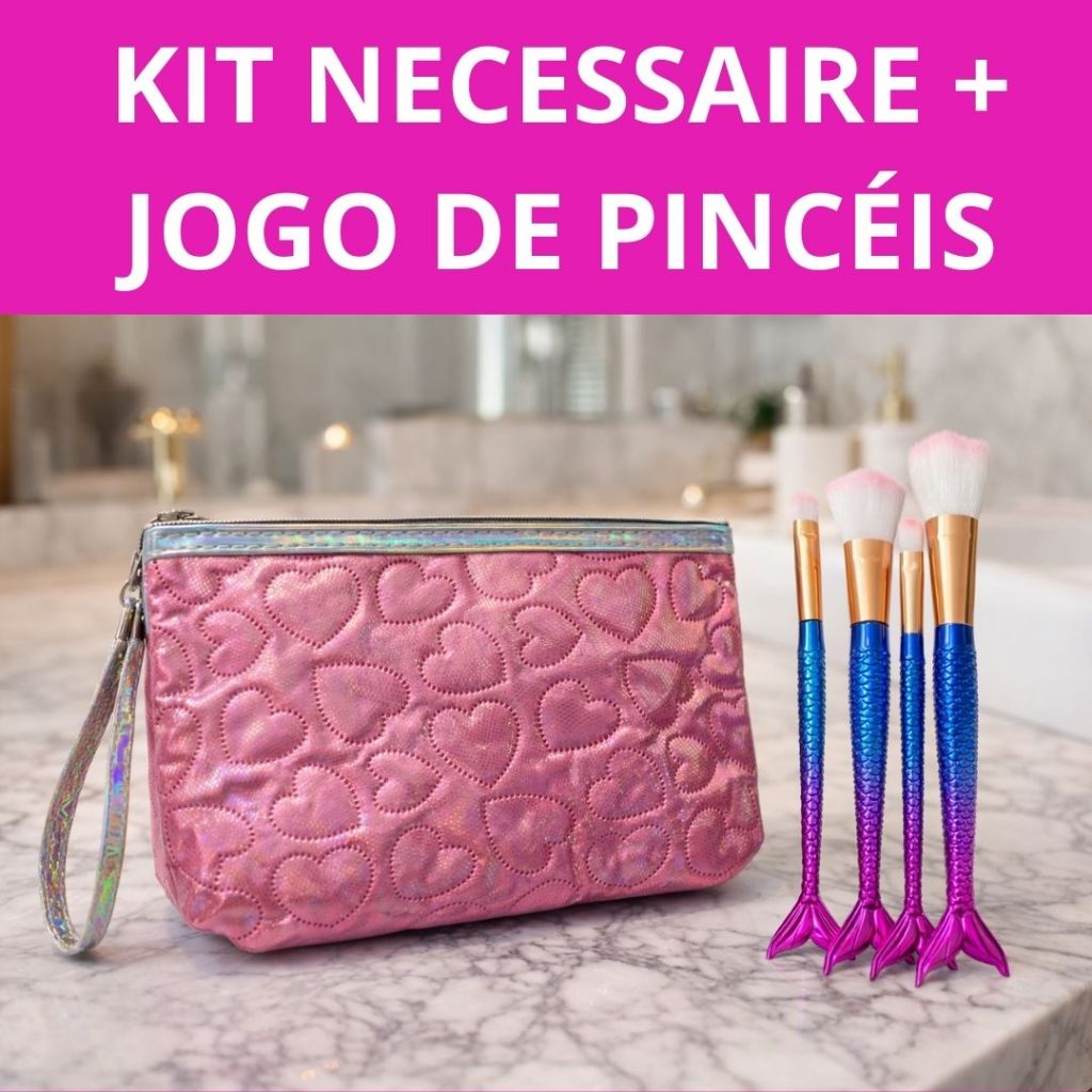 Kit Bolsa Maquiagem Necessarie Feminina Cosmeticos Make com Jogo Pincel Sereia Pó Brush Sombra Kit 4 Pincéis