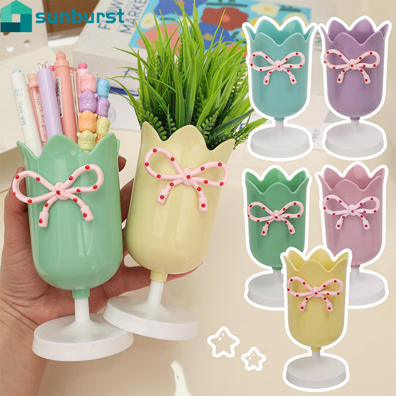 4-1Pcs Tulip Bow Makeup Brush Rack De Armazenamento-Decoração De Mesa De Flores Fofas-Racks Para Canetas Com Laço-Organi