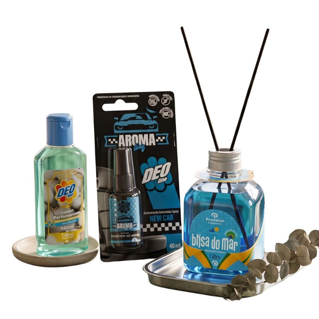 Kit Aromatizador Neo New Car + Gotas Perfumadas Neo + Difusor Premisse Brisa do Mar 350ml