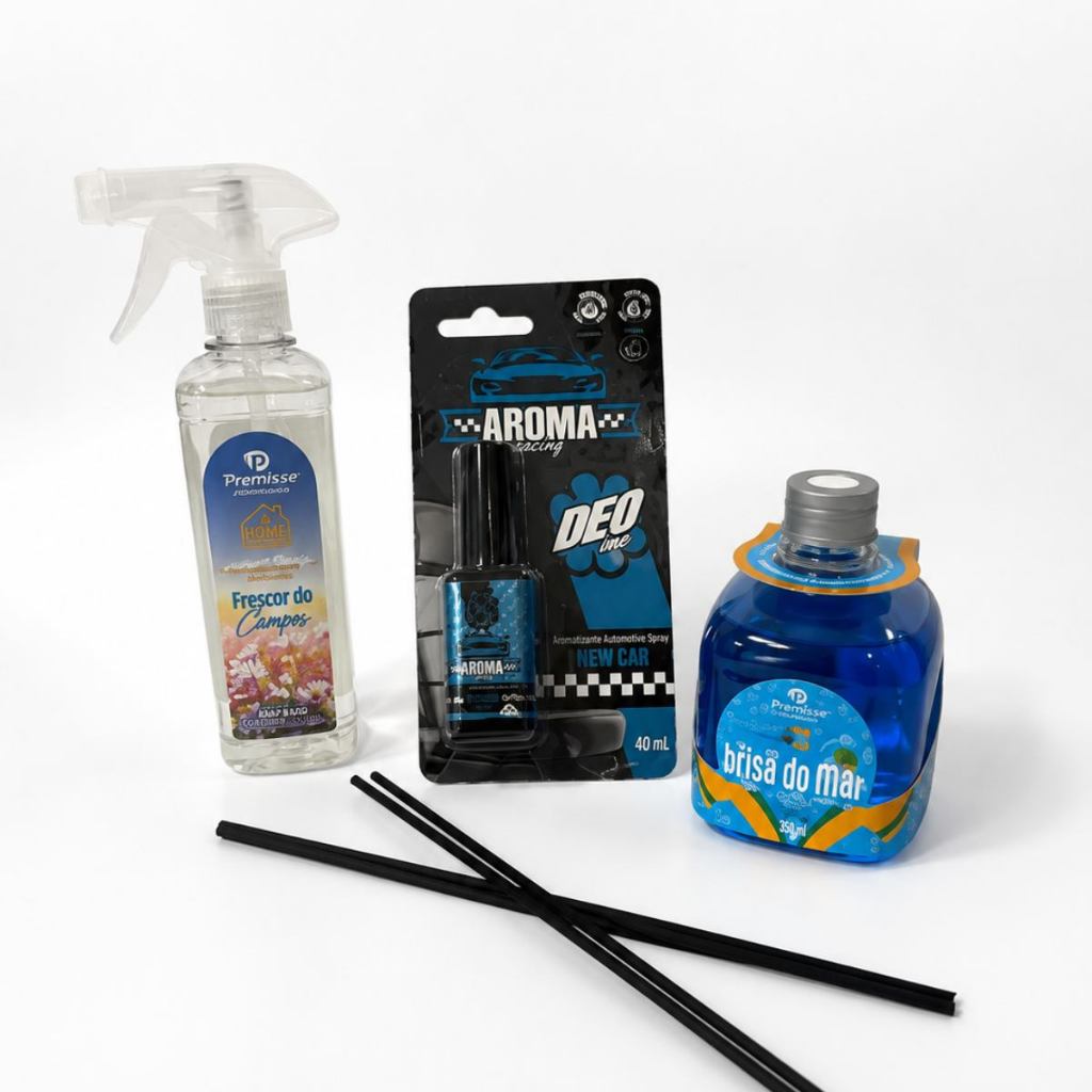 Kit Premisse Frescor do Campo 400ml + Aroma Car New Car 40ml + Difusor Brisa do Mar 350ml