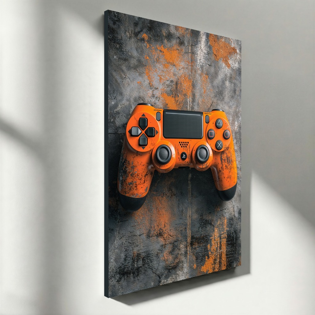 Quadro Decorativo Controle Gamer Laranja Arte Industrial Moderna Vertical