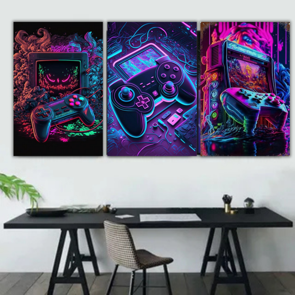 Quadros Decorativos Hora do Jogo Gamer Neon Video Game Controle Kit 3 Peças Trio Moderno