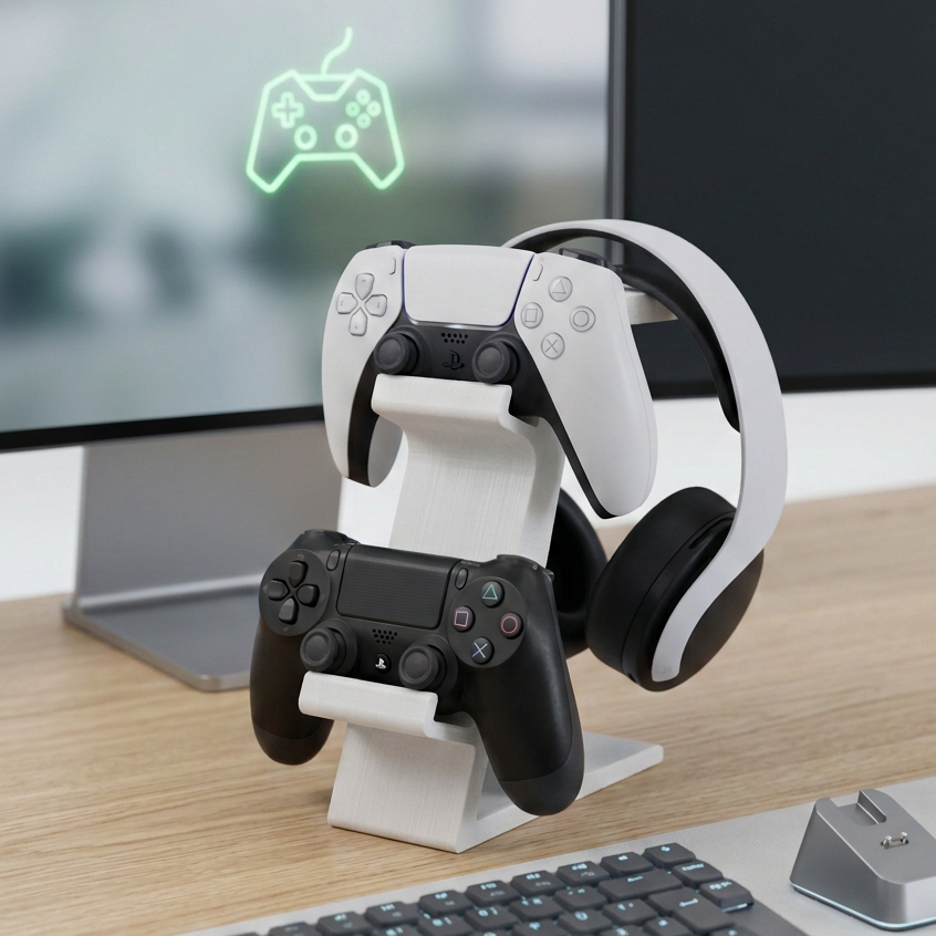 Suporte Mesa Porta Dois Controles PS4 PS5 Xbox Headset Fone Ouvido Organizador Gamer Videogame Moderno Resistente Luxo
