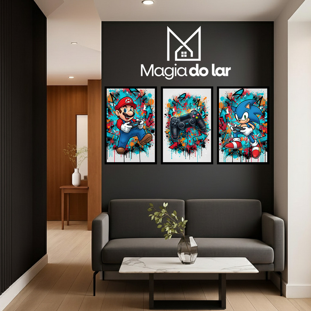 Kit 3 Quadros Decorativos Gamer Cartoon Colorido Controle Videogame Decoração Parede Quarto Infantil Sala Moderna HD