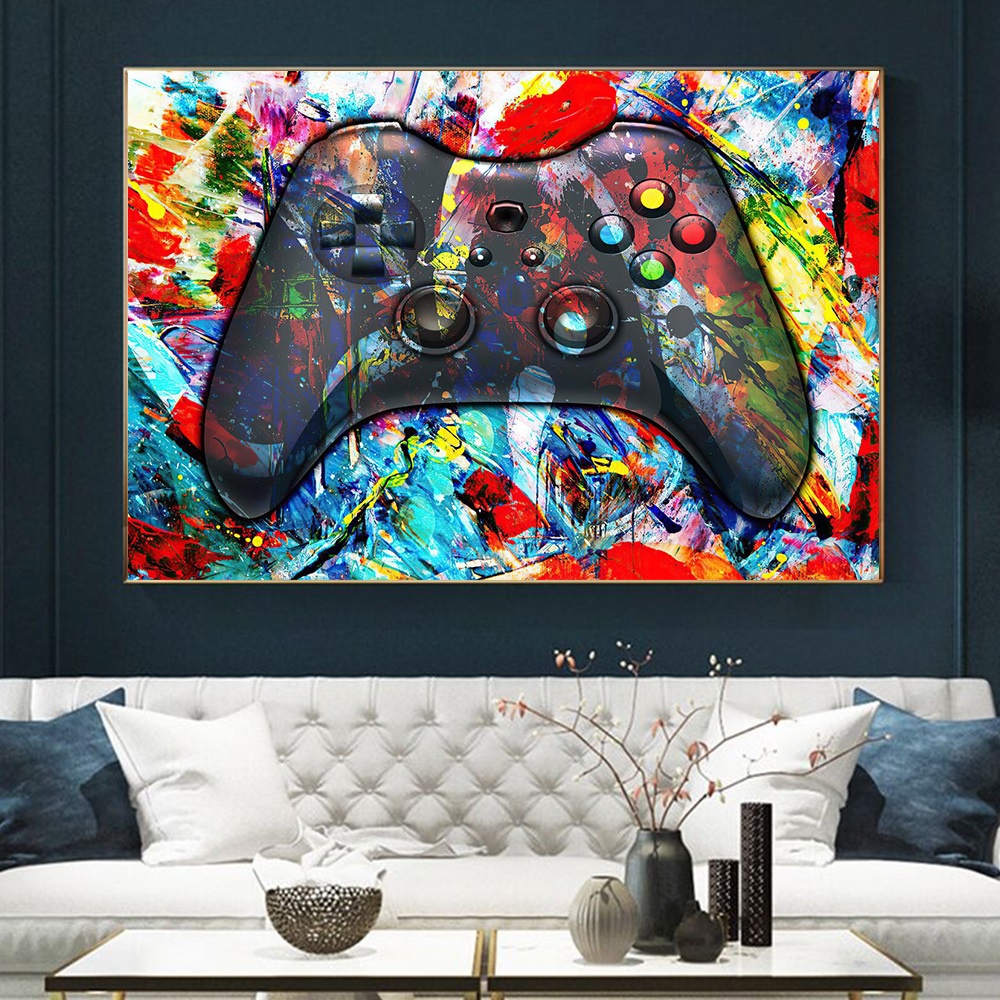 Quadro decorativo 1 peça 40x60 gamer game jogos controle colorido abstrato moderno grafite criança para casa sala quarto hall