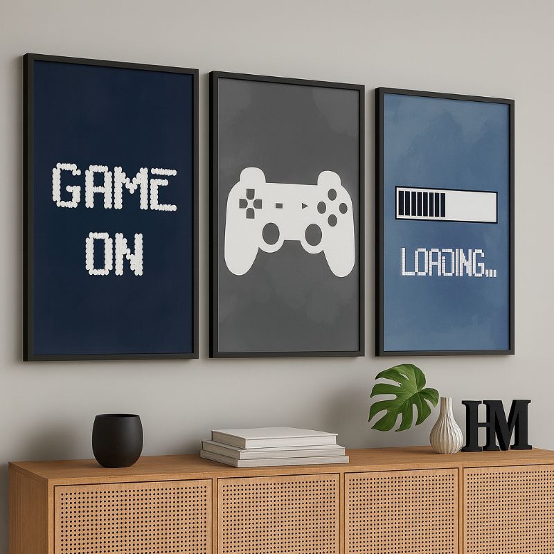Kit 3 Quadros Decorativos Gamer Game On Controle Loading Arte Moderna para Quarto