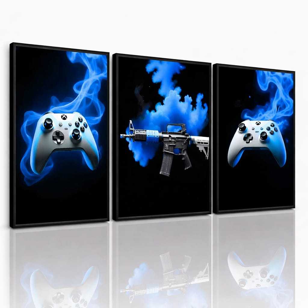 Kit 3 Quadros Gamer Controle e Arma Estilo FPS Arte Moderna