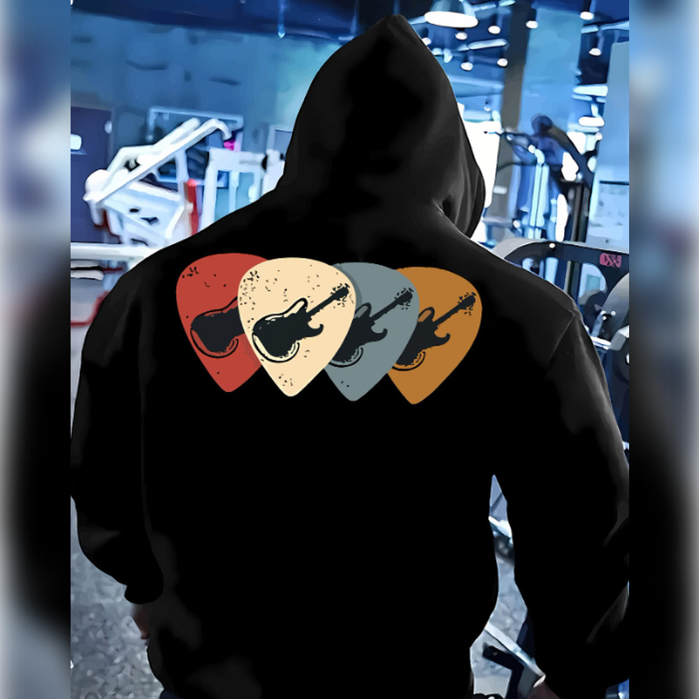 Moletom com Capuz Masculino Estampado de Palheta e Notas Musicais - Bege com Patches VermelREF-5655