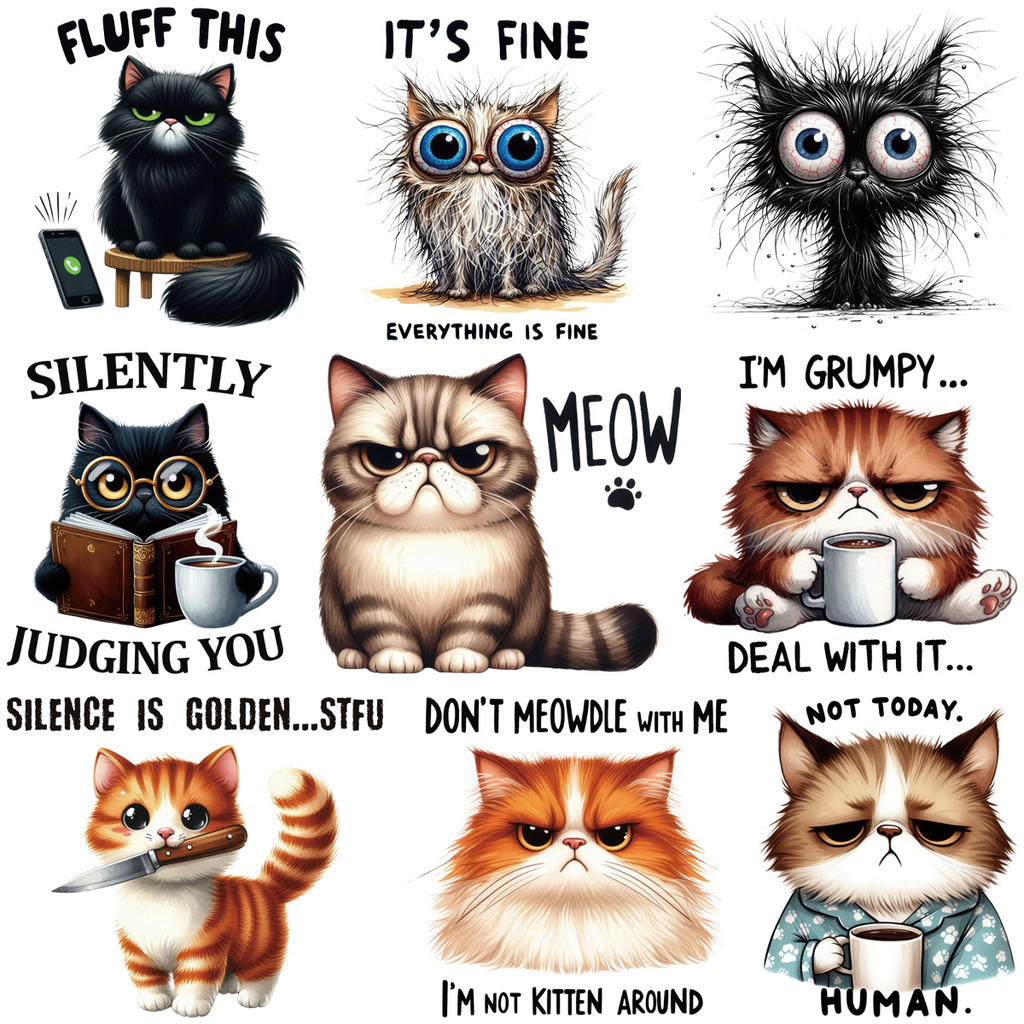 Gatos Bonitos Conjunto Remendos Para Roupas 9 Pçs Gato Adesivos A-Level Lavável Diy Hoodies Topos Vinil Imprensa Térmica