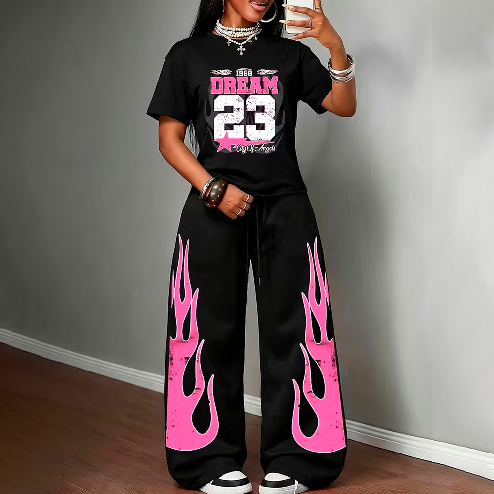 Kit Conjunto Feminino Camiseta e Calça Wide Leg Estampada Streetwear Los Angeles Dream 23 Pink