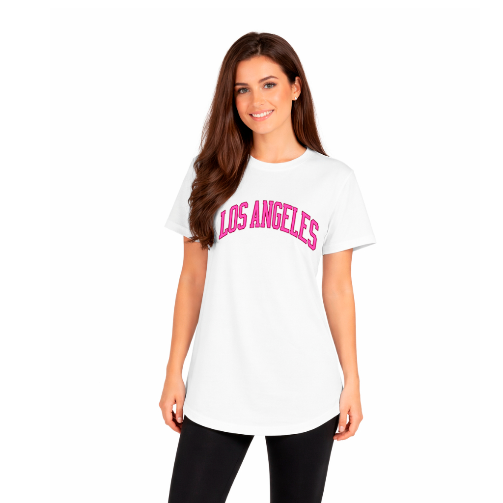 Blusa Feminina Longline Cobre Legging Academia 100% Algodão Manga Curta Los Angeles Pink